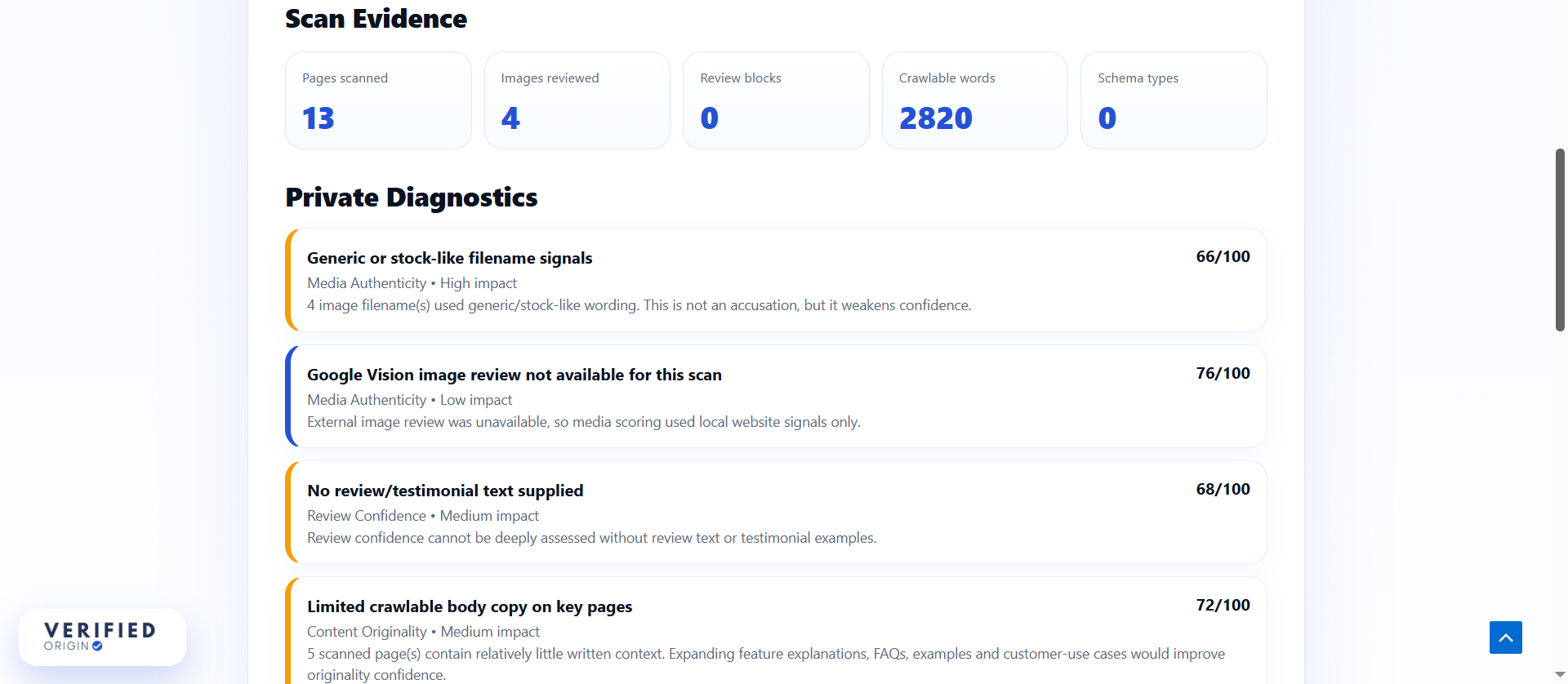 Verified Origin private diagnostics dashboard showing trust scan evidence and improvement alerts