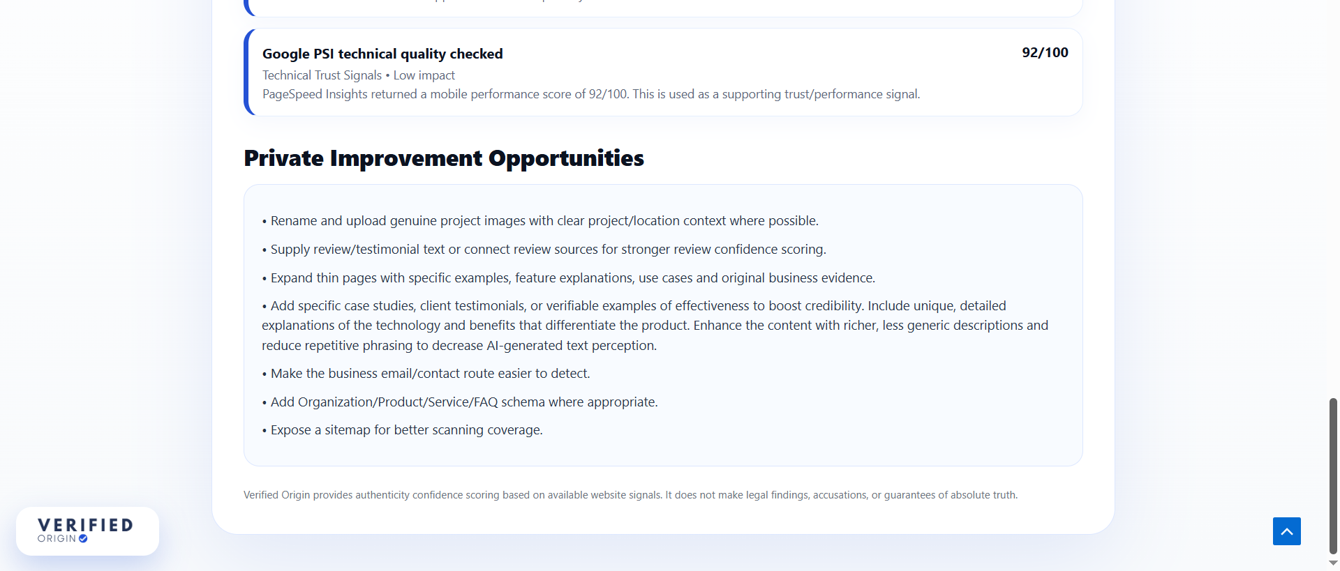 Verified Origin private improvement recommendations dashboard for trust scoring and authenticity optimisation