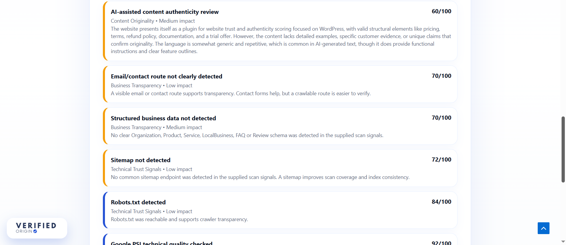 Verified Origin diagnostics showing technical trust signal checks including sitemap detection and robots.txt validation