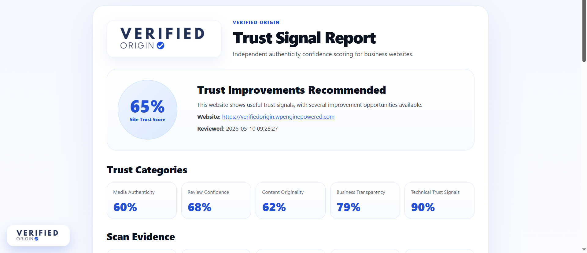 Verified Origin trust signal report overview dashboard with trust categories and scoring